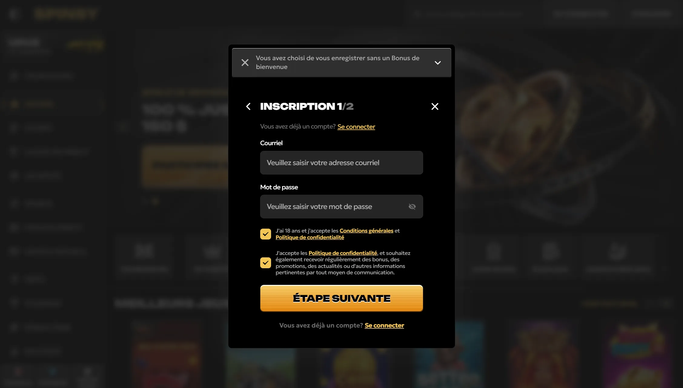 Inscription et première expérience sur Spinsy Casino